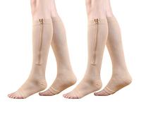 HYCOPROT Calze Compressione Graduata per Donne e Uomo 2 Paia con Cerniera 15-20 mmHg Punta Aperta Anti-Trombo Vene Varicose Corsa Infermieri e Gravidanza
