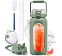 HYDRAGLAZIC 2L Bottiglia D'acqua in Vetro Con Cannuccia e Pennarello Motivazionale Bicchiere D'acqua Con Manicotto in Silicone e Coperchio Con Beccuccio largo Senza BPA Prova Diperdite, Verde oliva