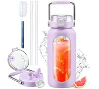 HYDRAGLAZIC 2L Bottiglia d'acqua in vetro con cannuccia e pennarello motivazionale Bicchiere d'acqua con manicotto in silicone e coperchio con beccuccio largo Senza BPA prova diperdite, Viola