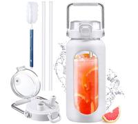 HYDRAGLAZIC 2L Bottiglia D'acqua in Vetro Con Cannuccia e Pennarello Motivazionale Bicchiere D'acqua Con Manicotto in Silicone e Coperchio Con Beccuccio largo Senza BPA Prova Diperdite, Bianco