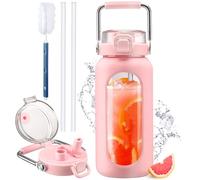 HYDRAGLAZIC 2L Bottiglia D'acqua in Vetro Con Cannuccia e Pennarello Motivazionale Bicchiere D'acqua Con Manicotto in Silicone e Coperchio Con Beccuccio largo Senza BPA Prova Diperdite, Rosa