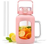 HYDRAGLAZIC Borraccia in vetro da 2L con cannuccia e manico, in vetro con guaina in silicone con indicazione dell'ora e del volume, senza BPA, Rosa