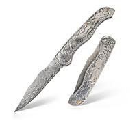 HYDRALITH Coltello Tascabile in Acciaio Damasco, Pieghevole Slipjoint a Due Mani, Damasco 67 Strati, Manico Rame-Argento con Design Koi e Motivo Oceanico, Compatto per EDC e Outdoor