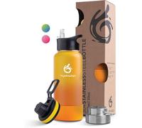 hydro2go Bottiglia in Acciaio Inox - Bottiglia Termica Senza BPA per Bambini, Scuola, Sport & Outdoor - Mantiene le Bevande Calde Fino a 12H e Fredde Fino a 24H - Include 3 Tappi - 950 ml (Sun)
