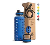 hydro2go Bottiglia d'Acqua in Vetro con Manico in Silicone - 100% Senza Perdite, Senza BPA, Lavabile in Lavastoviglie, 2 Coperchi Sostituibili - Perfetta per Office e Sport (Navy Blue 2.0) - 950 ml