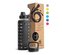 hydro2go Bottiglia d'Acqua in Vetro con Manico in Silicone - 100% Senza Perdite, Senza BPA, Lavabile in Lavastoviglie, 2 Coperchi Sostituibili - Perfetta per Office e Sport (Onyx Black 2.0) - 950 ml