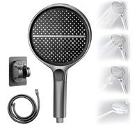 HydroEase Air-Boost High-Pressure Handheld Shower Head with 4 Spray Modes, New Detachable Hose & Adjustable Bracket, Self-Cleaning Silicone Nozzles, Tool-Free Installation, Universal Fit (Black grate)