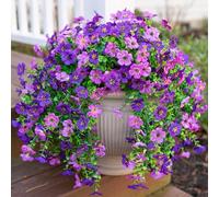 HyeFlora Fiori artificiali per decorazione esterna, 2 fiori finti da appendere, viola scuro e viola, resistenti ai raggi UV e allo sbiadimento, decorazione finta per portico, patio, balcone, fioriera