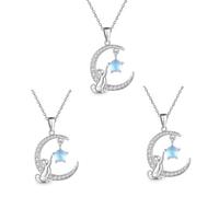 HYEIUIRA Set di 3 collane con ciondolo a forma di gatto che raccoglie le stelle, con diamanti scintillanti, luna, pietra preziosa e stella, collana da, Misura unica, Acciaio inossidabile, Nessuna