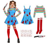 Hyelntu Costume da donna da incubo Killer, 5 pezzi, vestito per bambola con | Morbido tessuto elasticizzato, S-XL, vestito blu, top arcobaleno, calzini rossi, coltello puntello, adesivi cicatrici