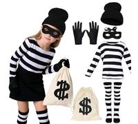 Hyelntu Costume da ladro per bambini, set da 6 pezzi | Set da 6 pezzi, tessuto morbido, camicia a righe bianche e nere, maschera, guanti, sacchetti per soldi, M-XL, 3-12 anni
