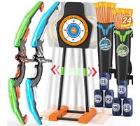 HYES 2 Pack Arco e Frecce per Cambini con Luci LED, Set di Tiro Giocattoli con Frecce e 2 Arco, 24 Ventosa Frecce, Bersaglio Mobile, 2 Supporto Freccia, Regalo per Interni ed Esterni