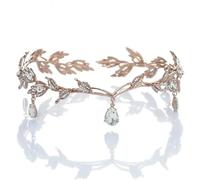 HYFEUOKF Accessorio for capelli con strass Corona foglie Waterdrop Tiara Gioielli da sposa Donna Strass artificiale Party Princess Elf Tiara(Rose gold)