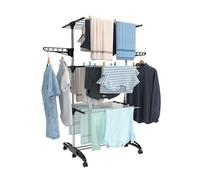 Hyfive Stendibiancheria per interni, stendibiancheria a 4 ripiani, pieghevole, salvaspazio, con scarpiera, in acciaio inox, facile da riporre (nero)