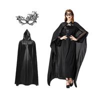 Hyfkjdm Capo Nero con Cappuccio,Halloween Nero con Cappuccio con Una Maschera per Gli Occhi in Pizzo.,Mantello Halloween,Mantello per Masquerade Costume Bambini(170)