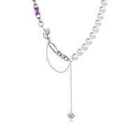 HYHJYMG Gioielli di Giunzione placcata in Argento della Catena di Perle e Catena a Cavo Piatto Grosso con Ciondolo di Cuore Amore per Donne, Rame, Gioielli di Perle Simulati per Ragazze