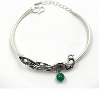 HYJYGM Sterling Silver,AdjustableSterling Silver Bangle, Sterling Silver for Women,Ladies 925 Sterling Silver Hand Carve Phoenix Green Agate Ladies Silve