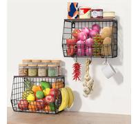 Hykiee Porta Frutta da Tavolo Cucina da Appendere e Impilare, 2 Pezzi Metallo Portafrutta a Ripiani Cestino Frutta, Organizer per Verdura Cesto Portafrutta con Coperchio in Legno e 4 Ganci