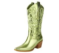 Hykytyhk Stivali alti al ginocchio da donna, a punta, tacco impilato, ricamati, larghi, a metà polpaccio, stivali da cowgirl, Verde, 37.5 EU