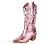 Hykytyhk Stivali alti al ginocchio da donna, a punta, tacco impilato, ricamati, larghi, a metà polpaccio, stivali da cowgirl, Rosa, 8 US