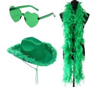 HYMBCFW Cappello Cowboy, 3PCS Cappelli Cowgirl con Occhiali e Piume Cappello da Cowboy Cappello di Feltro Donne Set Costume Cowgirl Accessorio per Cosplay Halloween Carnevale Fancy Dress Party(Verde)
