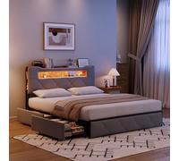 HYNHXBP letto 140x190 matrimoniale, letto con 4 cassetti, testiera con illuminazione a LED e funzione di ricarica USB,Struttura letto in metallo con doghe in legno (Grigio-Velluto, 140 x 190 cm)