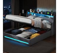 HYNHXBP Letto baule 140 x 200 cm con illuminazione a LED e porta USB, letto matrimoniale imbottito con vano comodino, ideale per adulti e adolescenti, in lino grigio (140 x 200 cm)