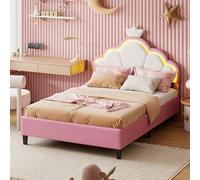 HYNHXBP Letto singolo imbottito 90 x 200 con LED, letto per bambini a forma di corona, letto singolo con testiera regolabile e rete a doghe in velluto, senza materasso (rosa + bianco)