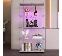 HYNHXBP Vetrina in vetro con illuminazione a LED, 4 ripiani in vetro temperato di alta qualità, chiudibile a chiave (doppia porta a 4 ante, bianco + illuminato)