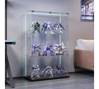 HYNHXBP Vetrina in vetro con LED, armadio da collezione moderno con 3 ripiani a 2 ante, vetrina per soggiorno, camera da letto, ufficio, 123 x 78,5 x 35 cm (nero + ante doppie + LED)