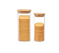 Hynorian Set di 2 contenitori per cracker, in vetro borosilicato, con coperchio in legno, per cracker sottili, biscotti al burro e dolci di sale, contenitori trasparenti da cucina per snack e scaffali