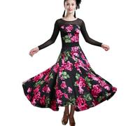 Hynyjxjy B,XXL, Abiti da Sala da Ballo Stampati Completo da Valzer con Scollo Rotondo da Donna Costumi da Danza da Moderna con Giunture A Rete Vestito per Allenamento di Flamenco Ottimo Swing