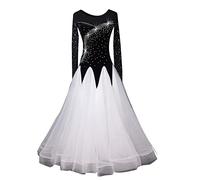 Hynyjxjy ,Bianca, Abiti da Sala da Ballo A Maniche Lunghe Costumi da Competizione per Danza Moderna da Donna Completo per Ballo da Valzer con Scollo Rotondo Vestito per La Salsa con Strass