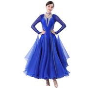 Hynyjxjy Blu,3XL, Vestiti da Competizione da Sala da Ballo da Donna Costumi da Ballo da Valzer con Scollo A V Abiti da Ballo da Flamenco A Maniche Lunghe Abito da Ballo da Salsa con Strass