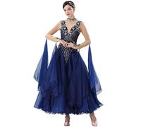 Hynyjxjy Blu,3XL, Vestiti da Sala da Ballo A Maniche Lunghe da Donna Abito da Gara da Ballo per Valzer Abiti da Ballo da Sociali con Schiena Scoperta Costumi da Ballo da Tango con Strass