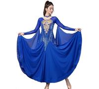 Hynyjxjy Blu, Vestiti da Sala da Ballo A Maniche Lunghe Abiti da Ballo da Valzer con Paillettes da Donna Vestito da Ballo da Tango con Giunture in Rete Costume da Ballo da Sociale