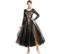 Hynyjxjy d'oro,3XL, Vestiti da Sala da Ballo per Donna Costumi da Concorso di Danza di Moderna di Giunzione A Rete Abito da Ballo di Flamenco di Ricamato Abiti da Ballo di Valzer con Strass