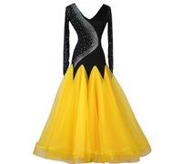 Hynyjxjy ,Giallo,M, Abiti da Sala da Ballo con Scollo A V per Competizioni Completo da Valzer da Donna con Schiena Scoperta Vestito da Ballo da Tango con Strass Vestiti da Ballo da Flamenco