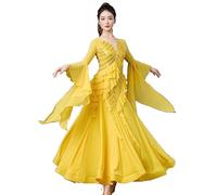 Hynyjxjy Giallo,XXL, Vestiti da Sala da Ballo da Professionali con Paillettes Abito da Ballo Salsa con Scollo A V per Donna Costumi da Ballo da Valzer Abiti da Ballo Tango Ottimo Swing