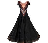 Hynyjxjy ,Nero,XXL, Abiti da Sala da Ballo A Maniche Corte per Donna Completo da Professionale per Il Valzer Abito per La Salsa con Scollo Rotondo Costumi da Ballo da Sociali con Strass