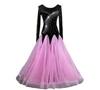 Hynyjxjy ,Rosa,S, Abiti da Sala da Ballo A Maniche Lunghe Costumi da Competizione per Danza Moderna da Donna Completo per Ballo da Valzer con Scollo Rotondo Vestito per La Salsa con Strass