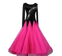 Hynyjxjy ,Rose Red, Abiti da Sala da Ballo A Maniche Lunghe Costumi da Competizione per Danza Moderna da Donna Completo per Ballo da Valzer con Scollo Rotondo Vestito per La Salsa con Strass