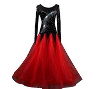 Hynyjxjy ,Rosso, Abiti da Sala da Ballo A Maniche Lunghe Costumi da Competizione per Danza Moderna da Donna Completo per Ballo da Valzer con Scollo Rotondo Vestito per La Salsa con Strass