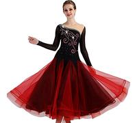Hynyjxjy Rosso, Abiti da Sala da Ballo A Maniche Lunghe per Donna Vestito da Competizione per Valzer con Schiena Scoperta Abito per Danza Moderna con Inserti in Rete Completo da Ballo Flamenco