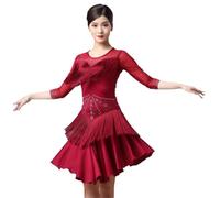 Hynyjxjy Rosso,M, Abito da Ballo Latino da Donna con Scollo Rotondo Abiti da Allenamento da Sala da Ballo con Frange Costumi da Ballo da Tango con Giunture A Rete Vestiti da Ballo da Cha Cha Cha