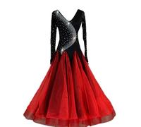 Hynyjxjy Rosso,S, Vestiti da Competizione da Sala da Ballo con Strass Vestito da Ballo da Prestazione da Tango Foxtrot da Donna Abito da Ballo Salsa A Manica Lunga