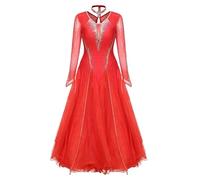 Hynyjxjy Rosso,XL, Vestiti da Competizione da Sala da Ballo da Donna Costumi da Ballo da Valzer con Scollo A V Abiti da Ballo da Flamenco A Maniche Lunghe Abito da Ballo da Salsa con Strass