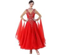 Hynyjxjy Rosso,XL, Vestiti da Sala da Ballo A Maniche Lunghe da Donna Abito da Gara da Ballo per Valzer Abiti da Ballo da Sociali con Schiena Scoperta Costumi da Ballo da Tango con Strass