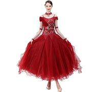 Hynyjxjy ,Rosso,XXL, Abiti da Sala da Ballo A Maniche Corte per Donna Completo da Ballo da Tango con Ricami Costumi da Gara per Valzer con Schiena Scoperta Vestito da Ballo Sociale con Strass