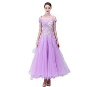 Hynyjxjy ,Viola, Abiti da Sala da Ballo A Maniche Corte per Donna Completo da Ballo da Tango con Ricami Costumi da Gara per Valzer con Schiena Scoperta Vestito da Ballo Sociale con Strass